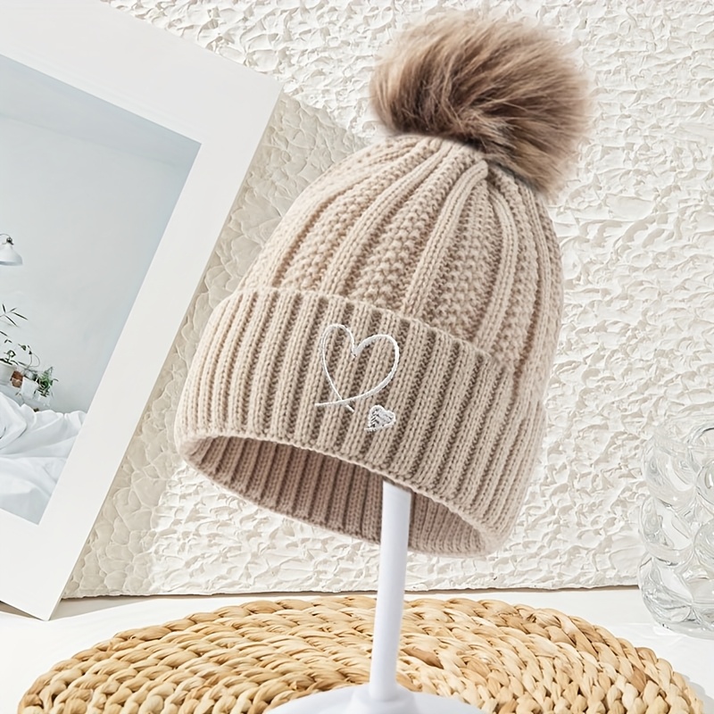 Image of A Women's Hat With Heart Embroidery, Wheat Ear Logo, And Rolled Brim. Women's Warm Hat, New Winter Pullover Hat For Women, Thickened Warm Hat, Large Head , Ear Protection Ball Cap