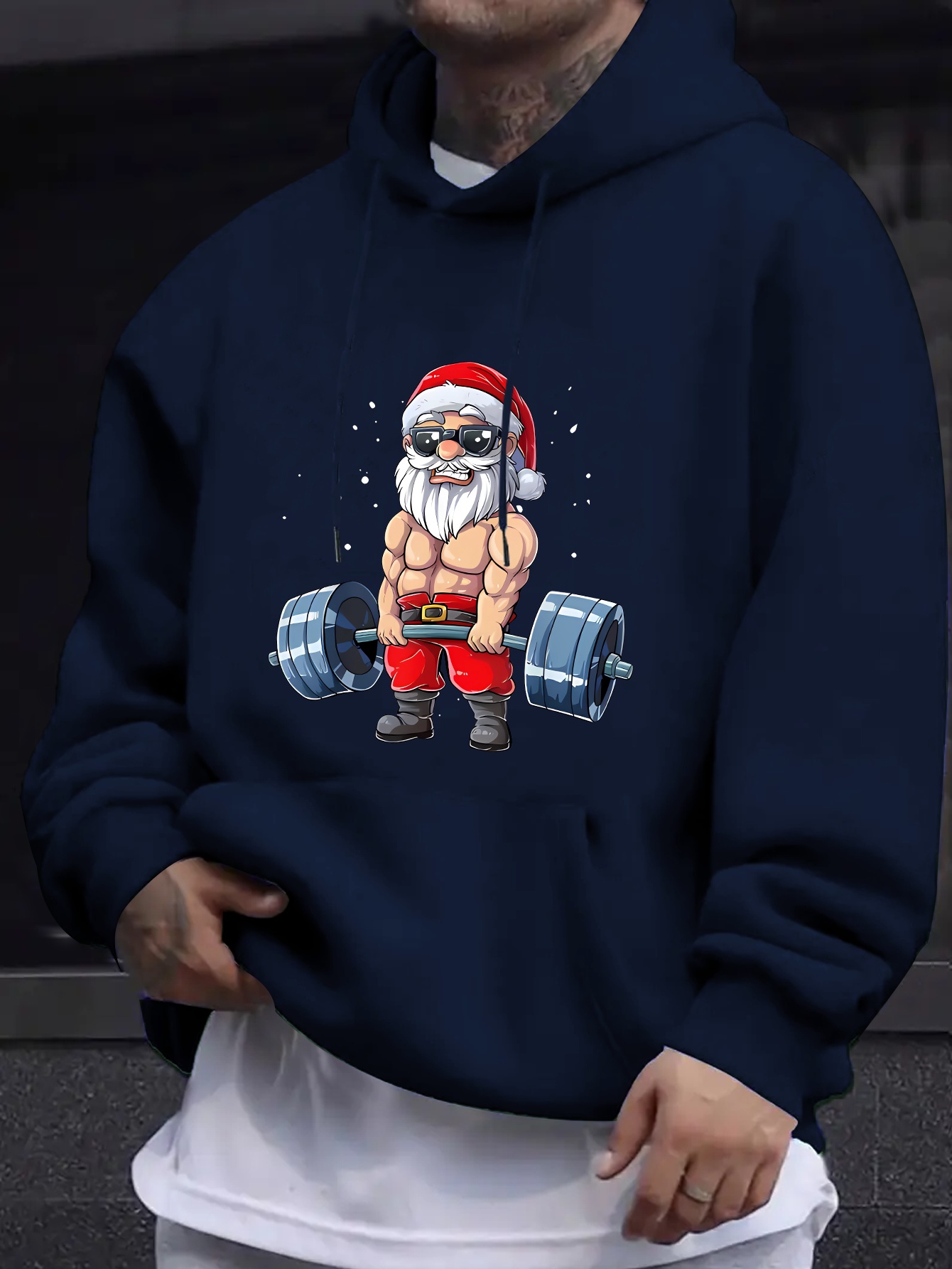 Men s Funny Gym Santa Muscle Christmas Graphic Hooded Sweatshirt - Red Casual Winter Pullover with Weightlifting Santa Print, Machine Washable   Apparel