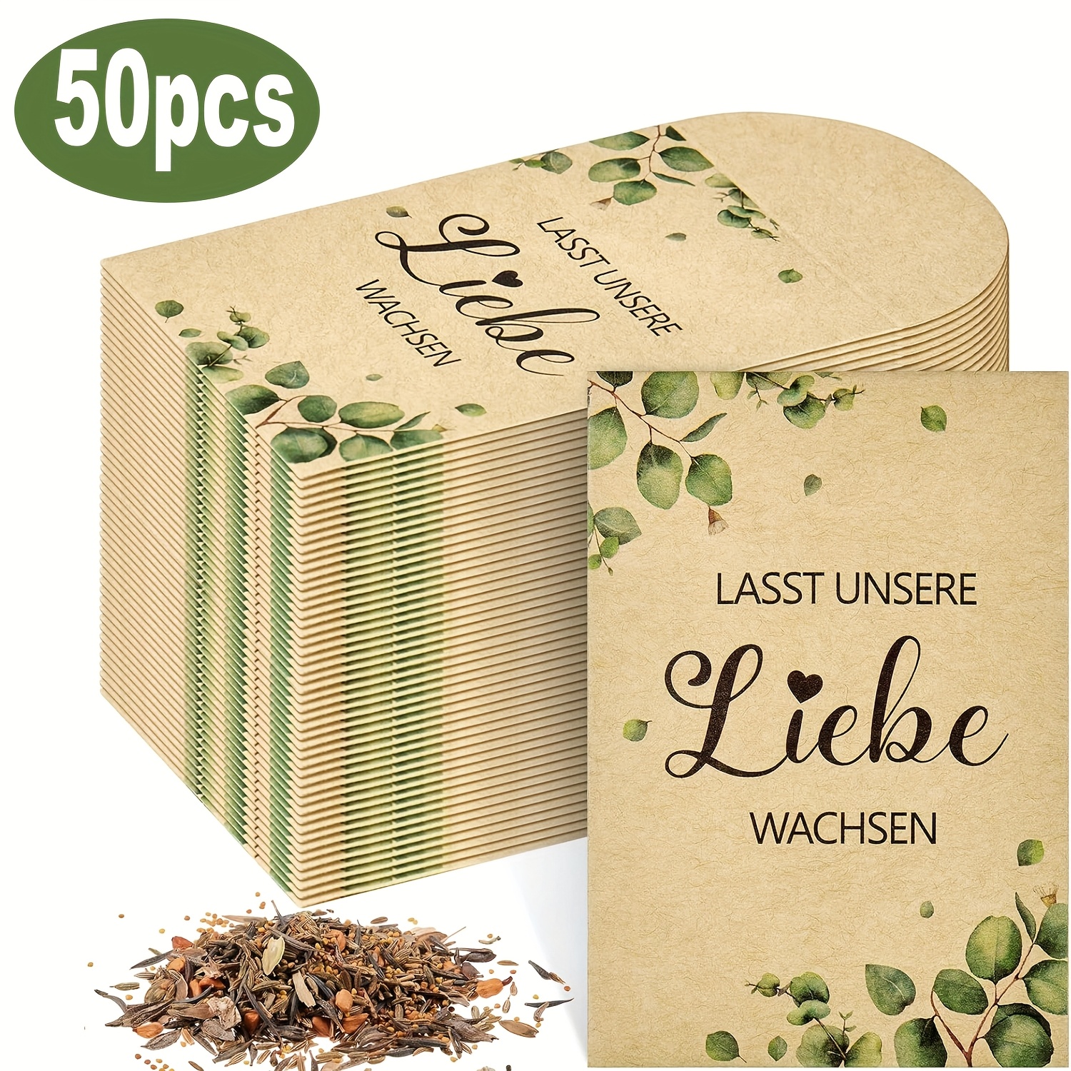 E-shop 50 Geschenktüten für Blumensamen, ohne Samen, Mini-Kraftpapier-Samentüten mit Eukalyptusblatt-Designen , (Lass unser Lieben ). Geeignet für