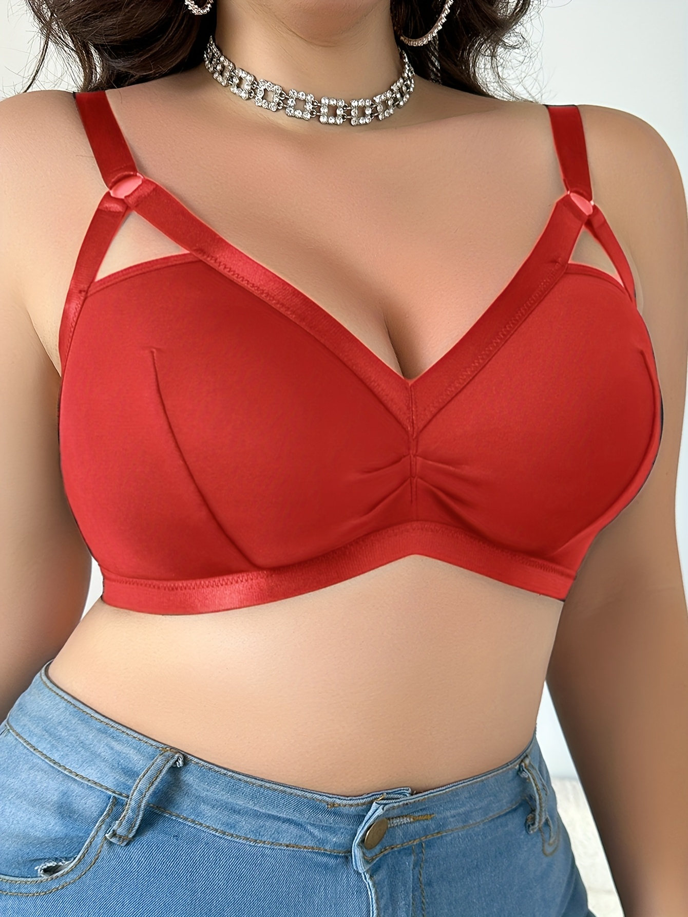 Women's Plus Size Sexy Cut-Out V-Neck Bra - Soft Pink No Underwire Wire-Free Comfort, Breathable Polyester/Elastane Blend, Hand Wash Only Elegant Special Collection
