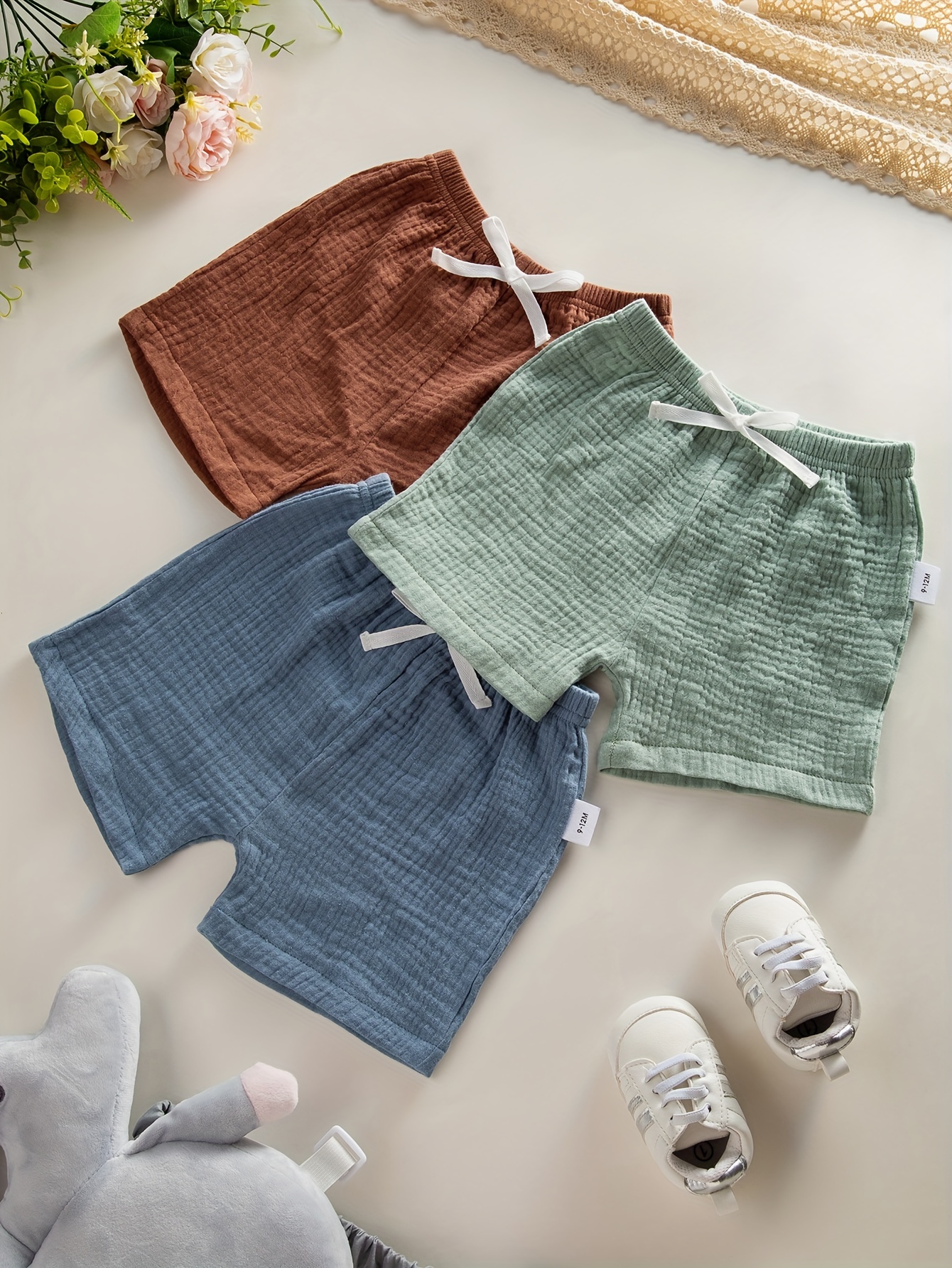 3-PACK Baby Boys' 100% Pure Cotton Muslin Shorts Soft & Comfortable Casual Infant Bottoms With Drawstring Closure - Assorted Col