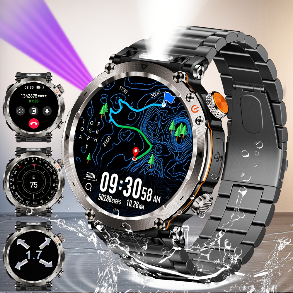 Montre Connectée de Sport d'Extérieur 1.7 pouces, Convient aux Hommes, Supporte Wireless 5.0, Écran IPS 360P, Boîtier en Alliage, en Silicone, Batterie Rechargeable 600Mah, Plus de 100 Modes Sportifs, Boussole, Fonction de Conversation, Chargement USB, Super Lampe Torche