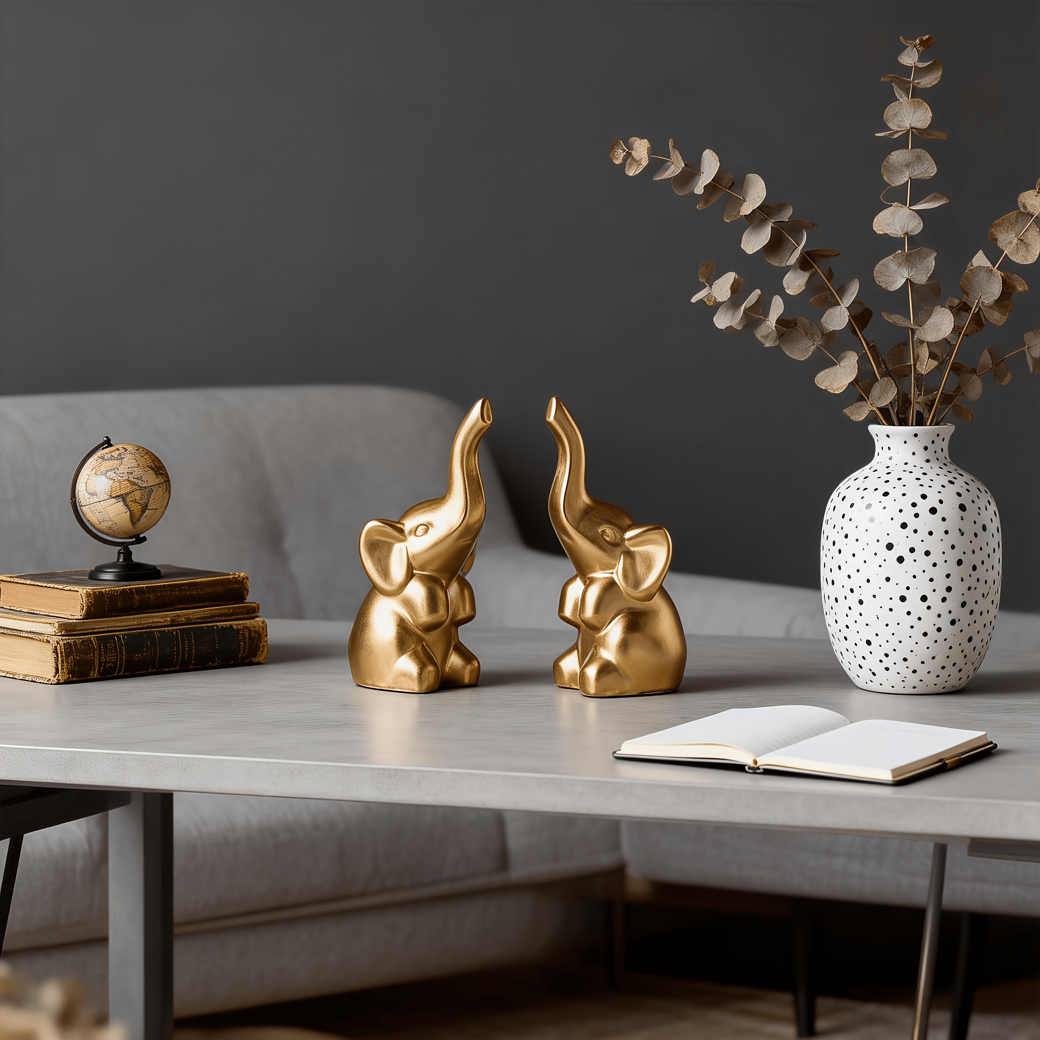 TEMU 2pcs Frosted Golden Resin Elephant Statues Decorative Figurines, Cute Pair Of Ornaments With Trunk, Delicate Matte Texture, Wealth-attracting