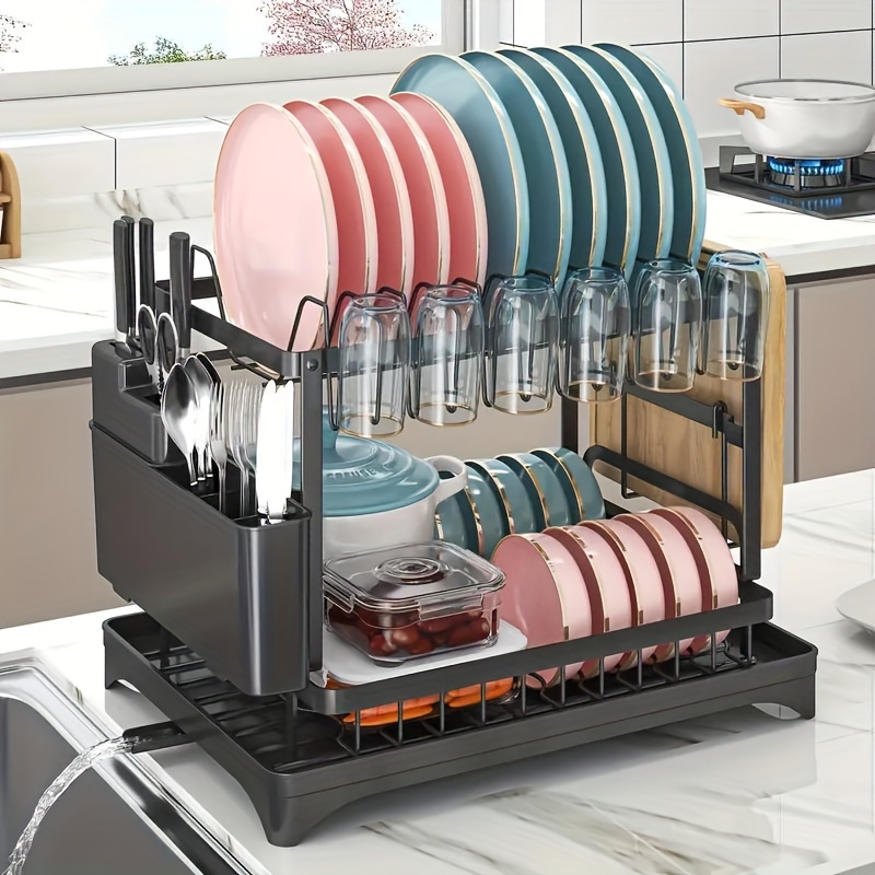 

Dish Rack, 2 Tier Utensil Holder, Rustproof Kitchen Dish Drying Rack With Drainboard And Utensil Holder For Kitchen Countertop, Kitchen Accessories