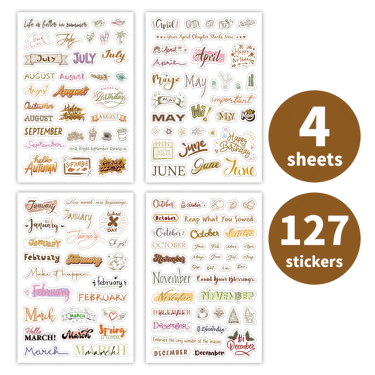 127pcs/4sheets Monthly Themed Journal Stickers - Retro Seasonal & Calendar Decals, Ideal For Junk Journals, Planners, Scrapbooks, Notebooks & (vintage & Seasonal Elements Design)