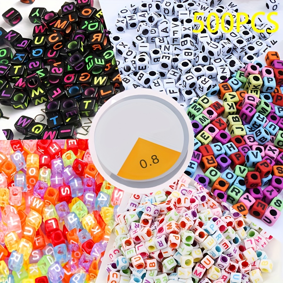 

500pcs 5 Colors Acrylic Cube Letter Beads With 1 Roll 0.8mm String For Jewelry Making (6mm)