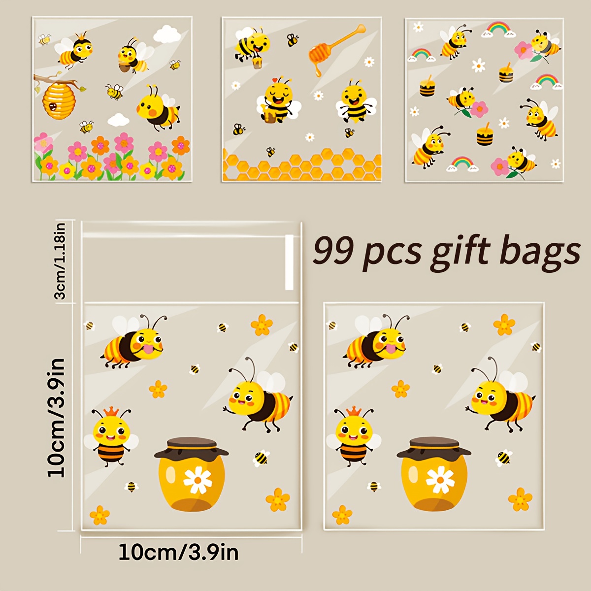 TEMU 99pcs Bee Pattern Gift Bags, Plastic Glass Paper Gift Bags, Jewelry Packaging Bags, S 4 Styles Of Cartoon Cute Bee Patterns Mixed Self-adhesive