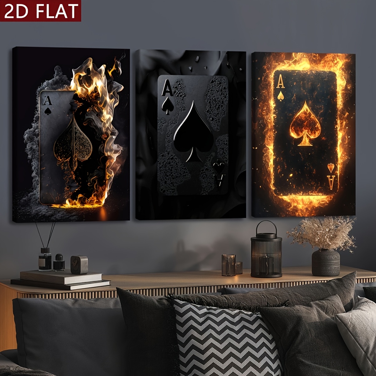 TEMU 2d Flat 2d Flat 3pcs Wood Frame Series Canvas Wall Art - Modern Fantasy Decoration With Squares, Plum Blossoms And Hearts, And Odorless, High