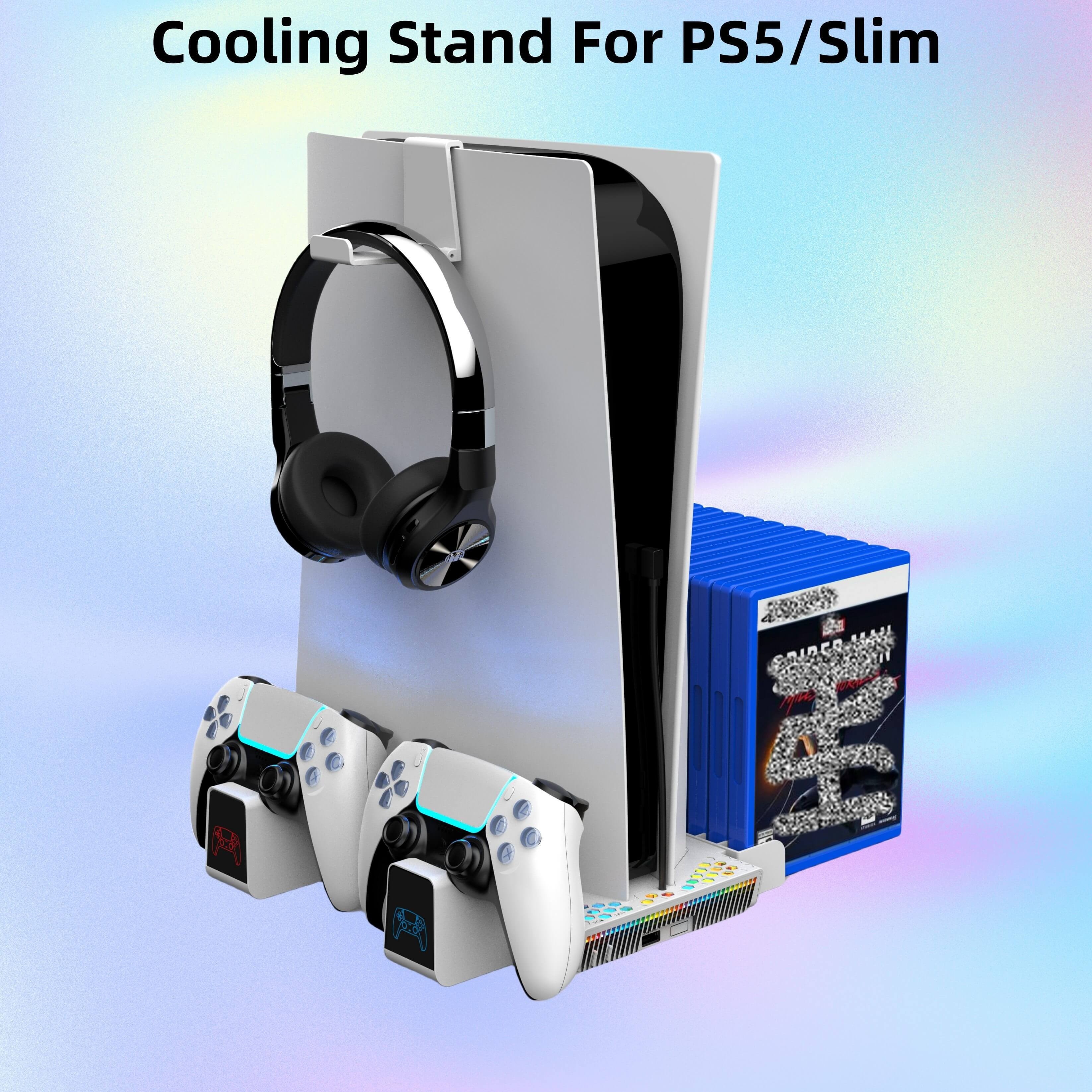 Supporto con ventola di raffreddamento e stazione di ricarica a doppio  controller per Playstation 5 UHD e DE, supporto di raffreddamento, con  stazione