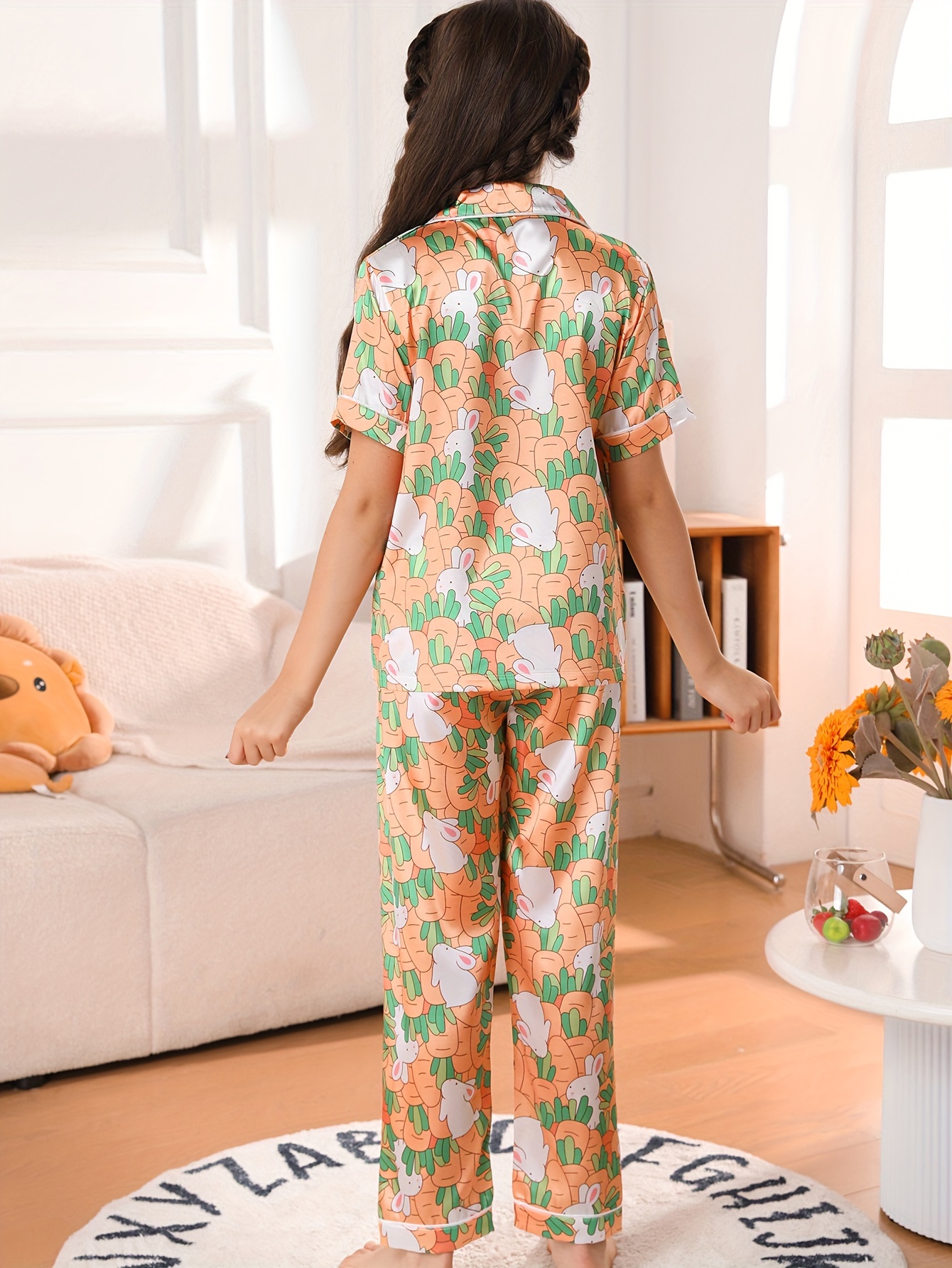 3 Sets Girls' Thin Style Pajama Set, Fashion Pattern Print Short Sleeve  Lapel Button Down Shirt + Long Pants Summer Home Wear For Kids