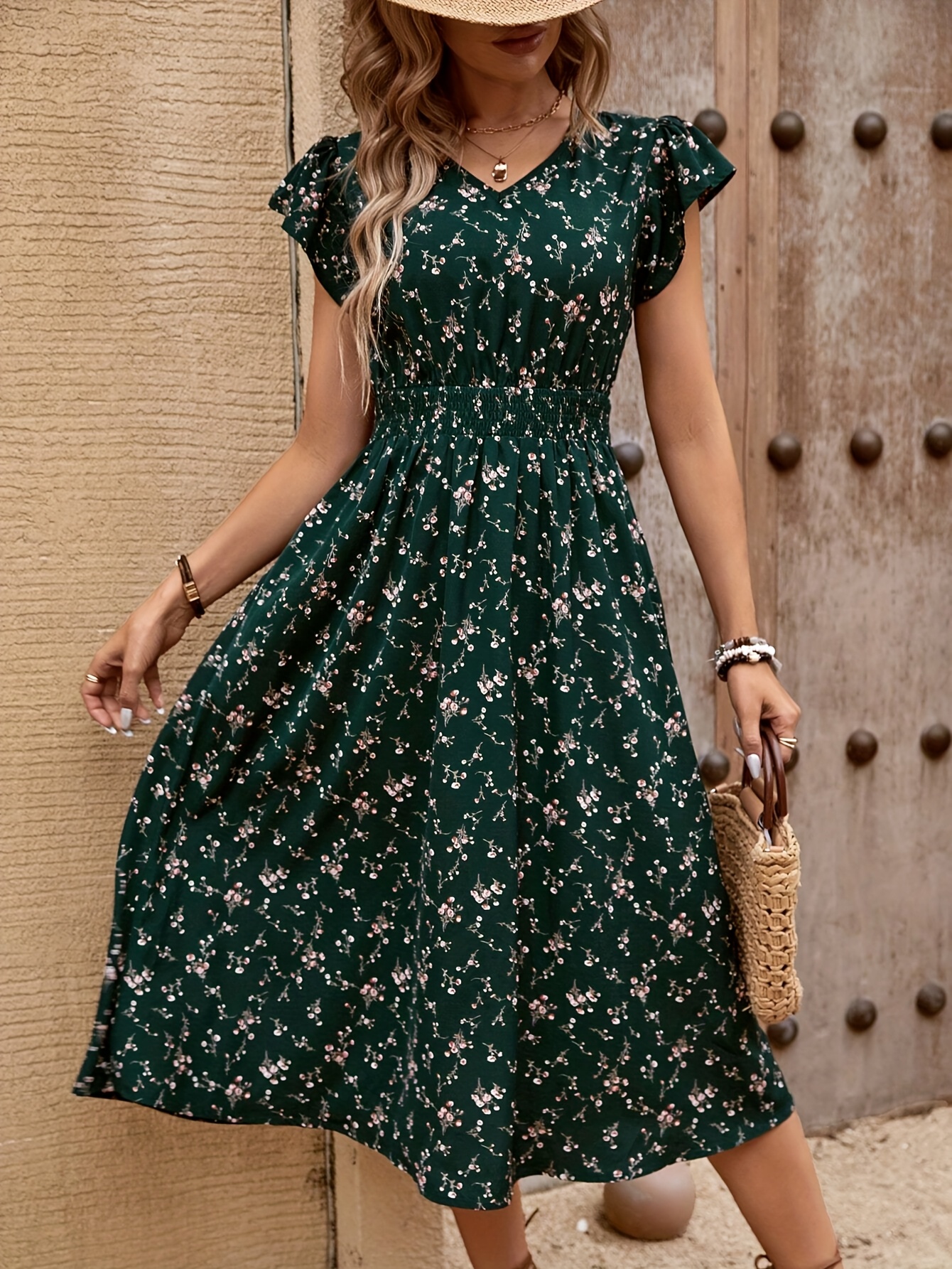bohemian knee length dress Women's – Vintage Floral Short Sleeve V-Neck Sundress For Summer 2025 Bohemian Summer Dress faux