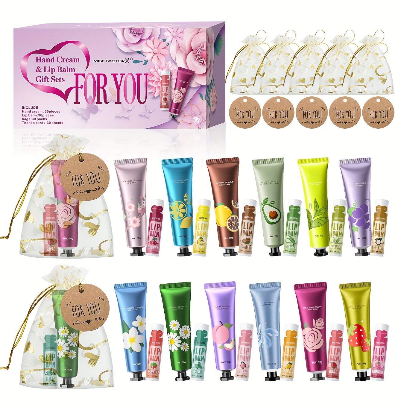

Miss Factorx 30-piece Gift Set: Lip Balm & Hand Cream Combo - Perfect For Women, Mother's Day, Bridal Showers, Corporate Events & Parties - Includes Heart Tote & Thank You Card