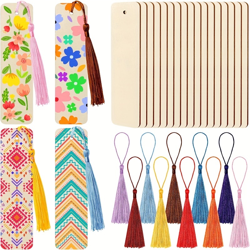 

40pcs Unfinished Wooden Bookmarks With Colorful Tassels, Laser Cut Wood Pendant Blank Rectangular Tags, Diy Craft Christmas Wood Bookmarks With Holes For Decoration And Personalization