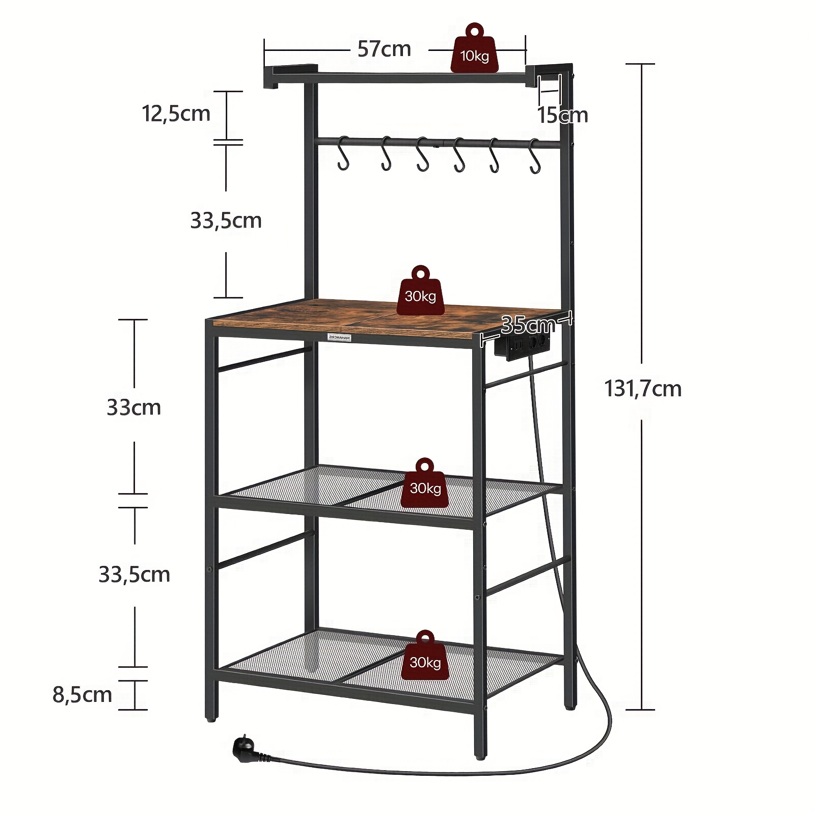 TEMU Estante de cocina multifuncional - Estante vertical para microondas con toma de corriente, estante para pan de 4 niveles y 6 ganchos en S para