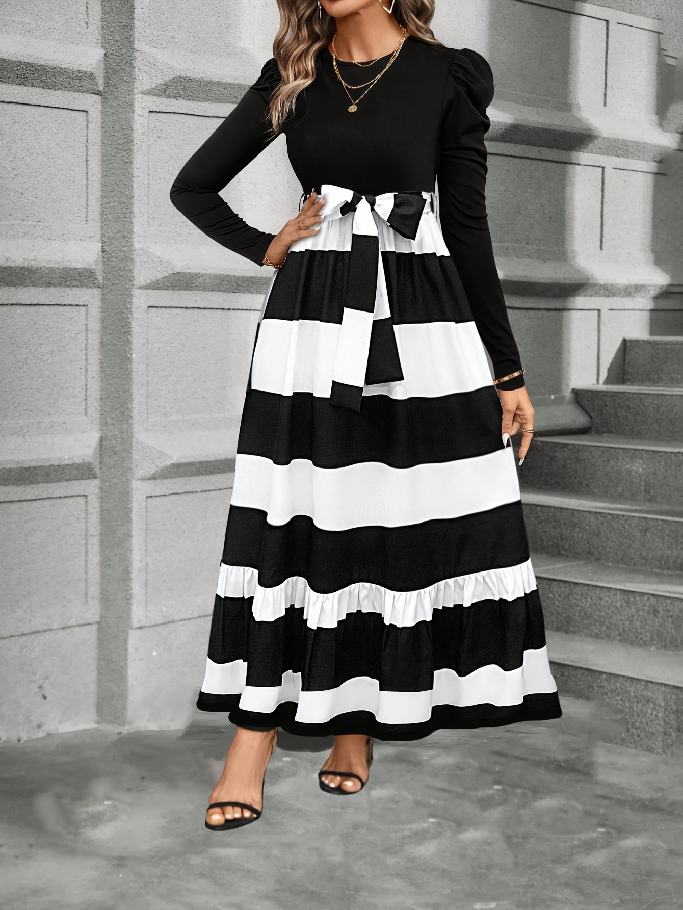 chinese dress ladies Black & White Striped Modest Shirt Dress, Long Shirt Dress Large (16-18) / Tall (5'6