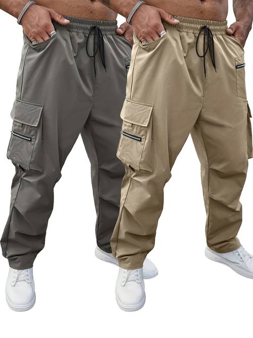 2pcs mens plus size solid color cargo pants set casual regular fit