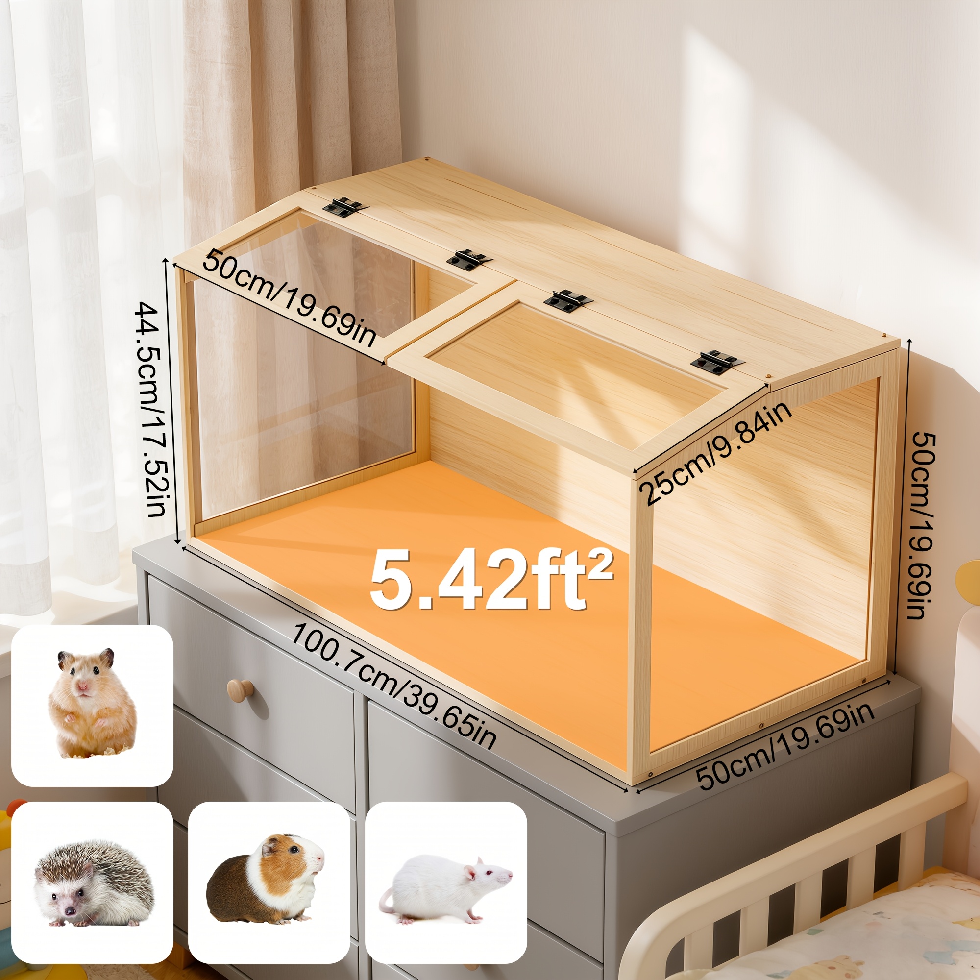 Image of Extra-large Double-door Natural Wooden Hamster Cage With Tempered Glass Panels And Built-in Vents - Chew-proof Tabletop Breeding Box Suitable For Hedgehogs, Gerbils, Mice, And Hamsters (100x50x50cm)