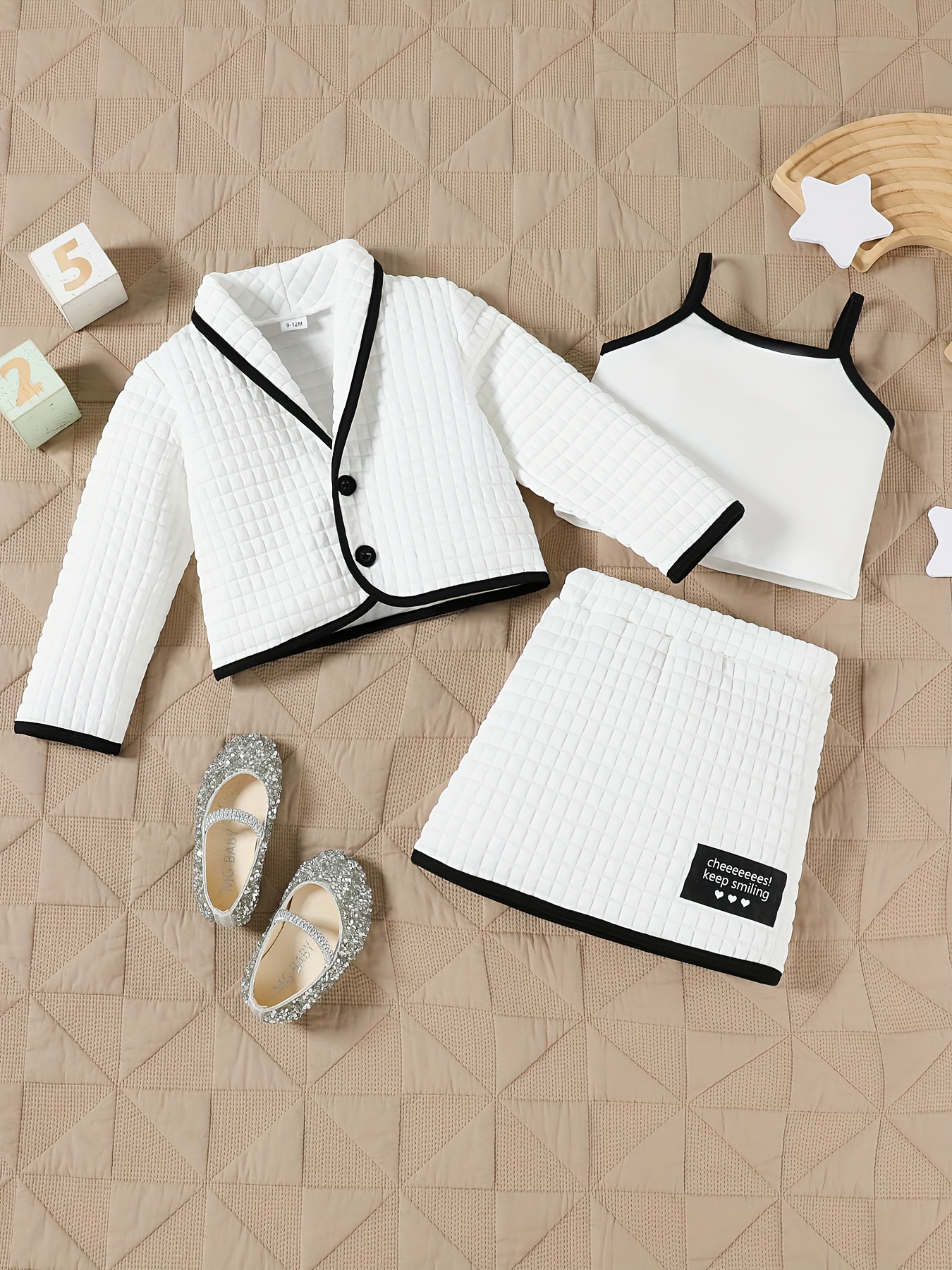 3pcs Spring/Summer Girls' Fashion Casual Skirt Set, New Year Valentine's Day Birthday Party Bubble Plaid Long Sleeve Coat, Fashion Print Skirt and Camisole Top - Machine Washable Fabric, Elegant Choice for Girls' Parties/Gatherings or Daily Casual