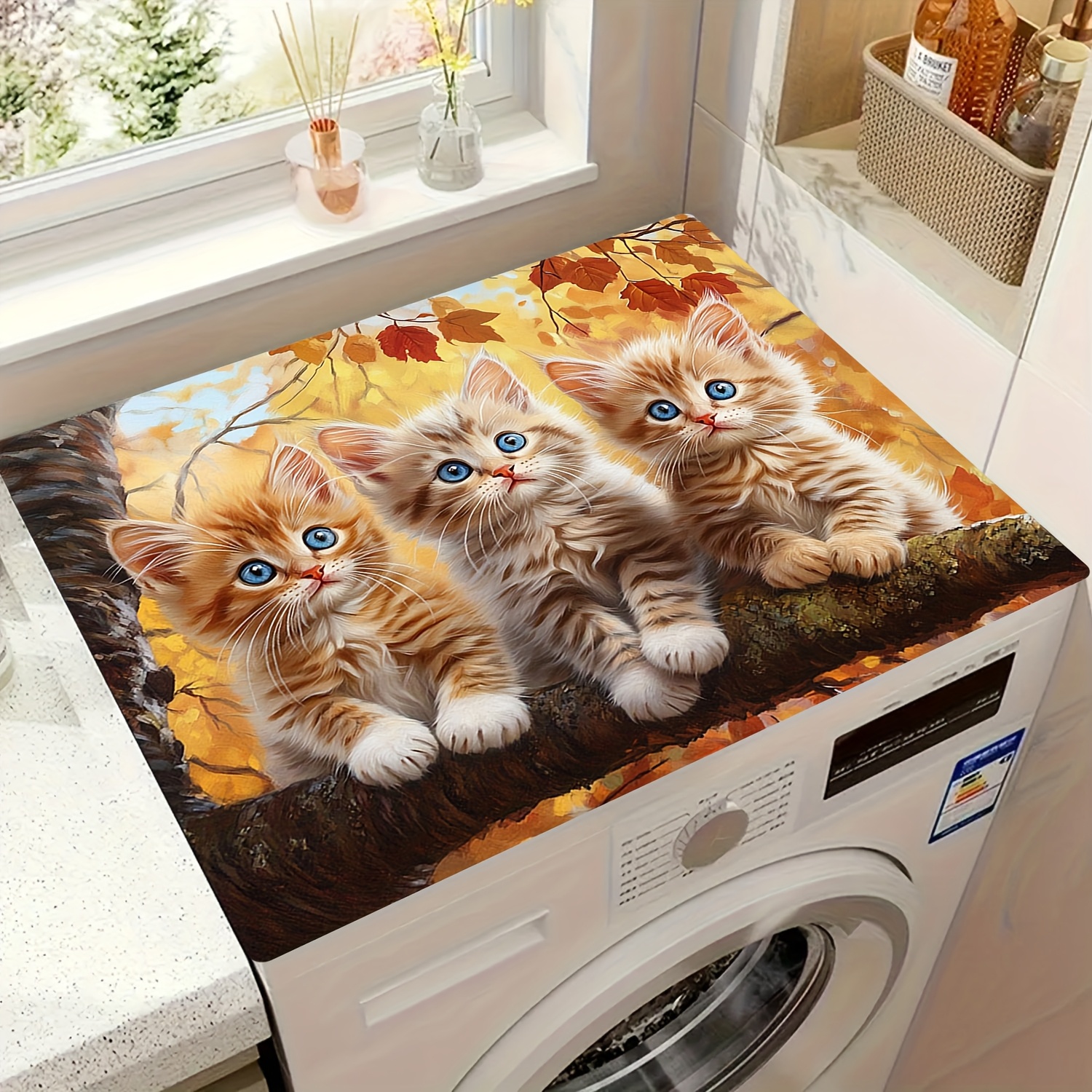 TEMU Nueva 2026 Moda de 1pc Alfombrilla para Lavadora, Antideslizante para Lavadora con de Tres Gatos, Cubierta Superior Antideslizante para Lavadora