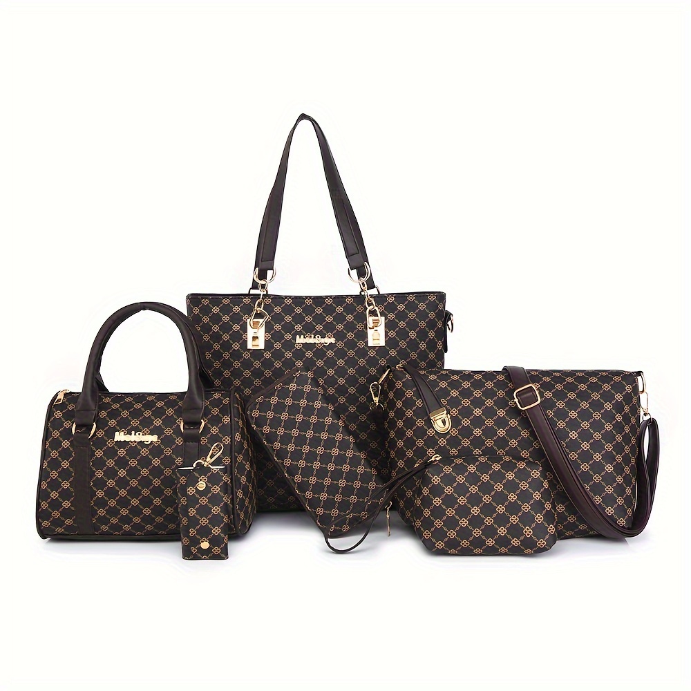 6pcs Women'S Fashionable Geometric Print PU Handbag Set