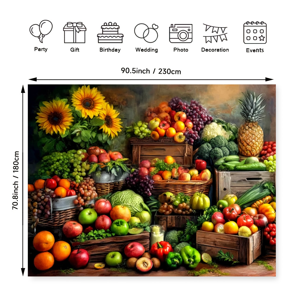 TEMU 2d Flat, 1pc Large Fruit & Vegetable Wall Mural Backdrop - 2d Flat Printing Vibrant Kitchen Theme With , , Oranges, Grapes, Broccoli, Tomatoes,