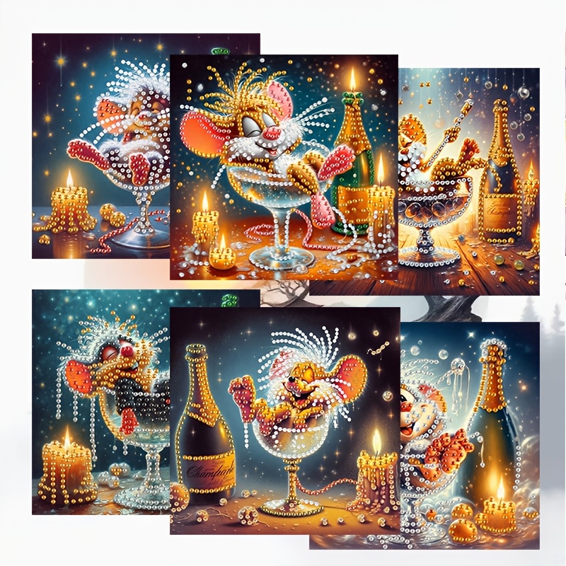 TEMU 6pcs Set Of Unique New Diamond Painting Greeting Cards, Little Mice Pattern In Wine Glasses, Birthday And Holiday Cards, Adult Handmade Craft