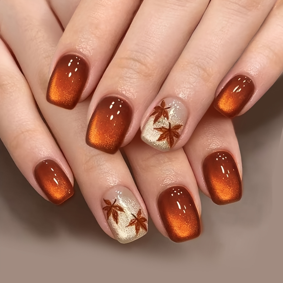 TEMU Fall Burnt Eye Maple Leaf Press On Nails Short Square Champagne Shimmer Nude Reusable Autumn Manicure