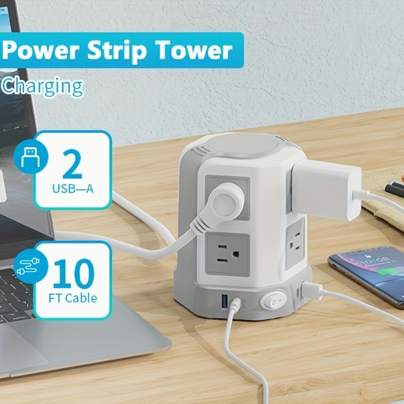 TEMU Protector Power Strip Tower 20w Usb C, 10ft Extension Cord With Multiple Outlets, Passus 8 Outlets With 4 Usb Ports, Flat Plug Charging Station,