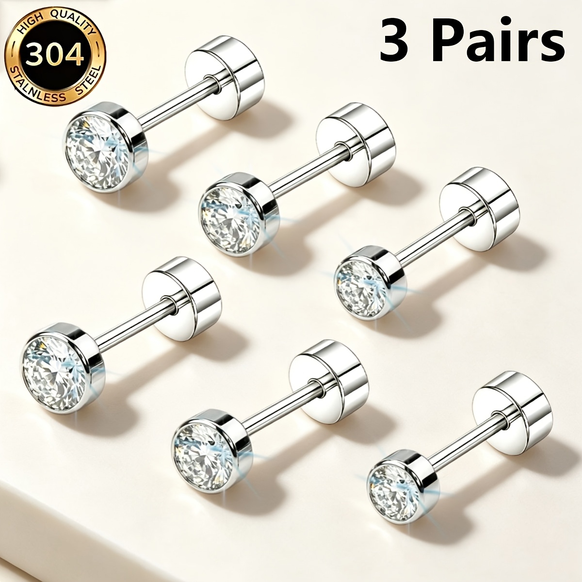 TEMU 3 Paires de Boucles d'Oreilles à Vis en Acier Inoxydable à Filetage Intérieur, Fond Plat, Synthétique, Mode, Faible Allergie, Boucles d'Oreilles