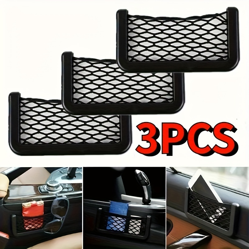 

3-piece Car Seat Side Organizer Mesh Bags With Double-sided Elastic Rope - Durable Plastic