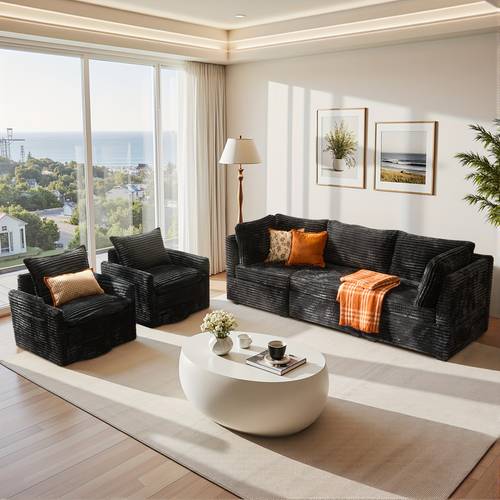 living room sectional sofa for large space deep seat modular couch with 2 single rocking sofa chairs plush corduroy fabrc convertible sectional sofa set for living room living room furniture