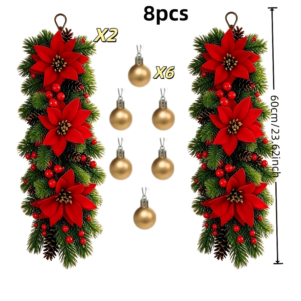 TEMU 8 pezzi (2 pezzi di decorazioni da parete natalizie e 6 pezzi di palline natalizie) Fiori finti artificiali rossi da appendere per Natale,