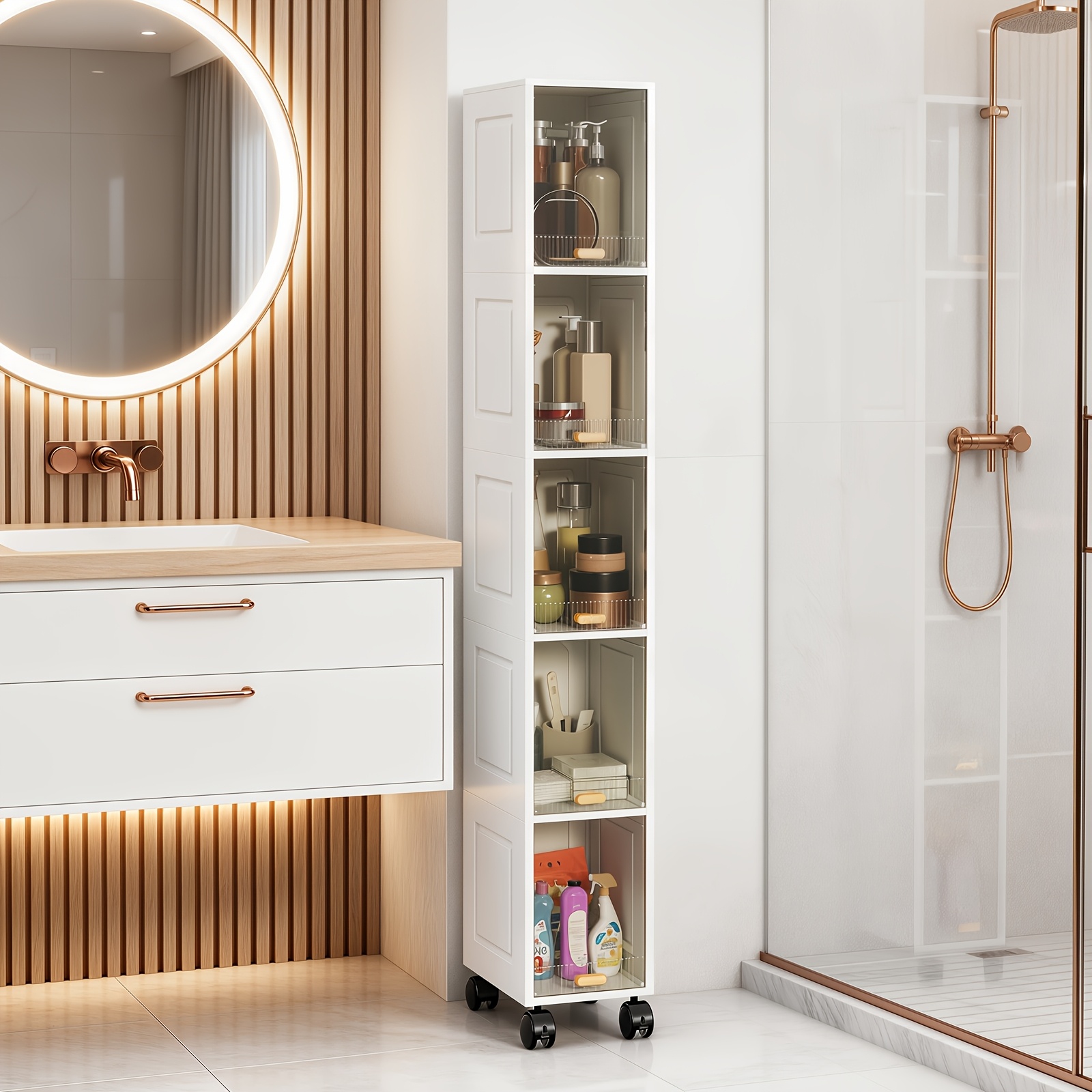 Narrow Bathroom Storage Cabinet With Wheels - Heavy-duty Plastic Space- Shelving Unit, Stackable Vertical Cabinet Suitable For Small Spaces, Bathrooms, Kitchens, Bedrooms, Shelves