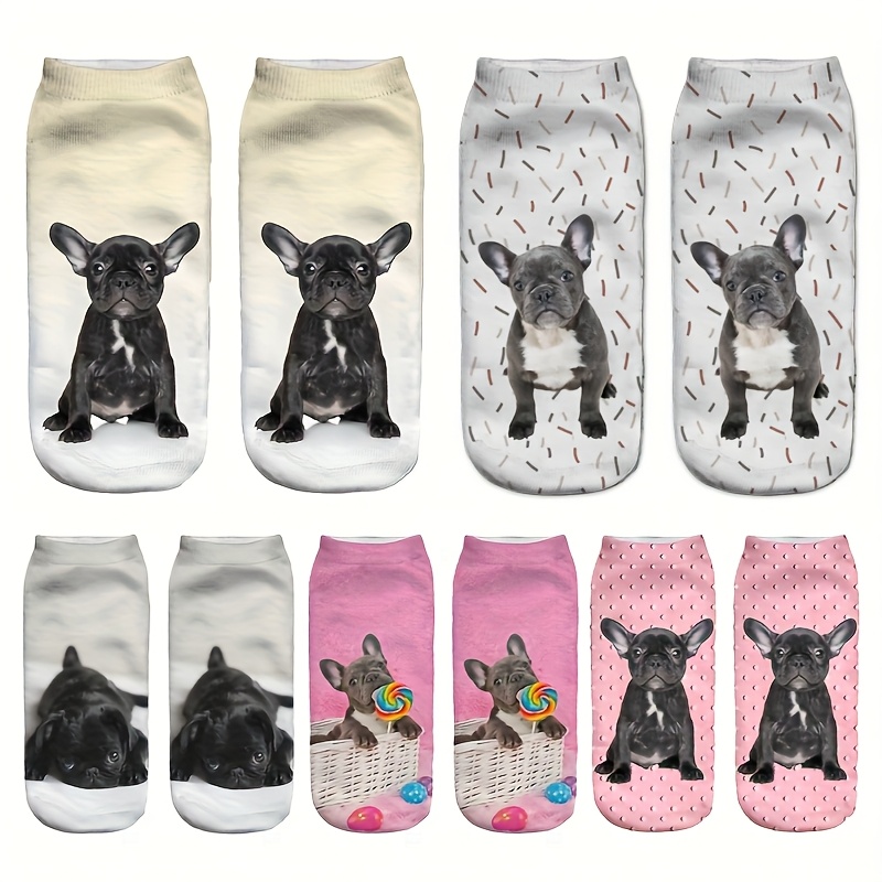 5- Print Black Bulldog Series Pattern Ankle Socks