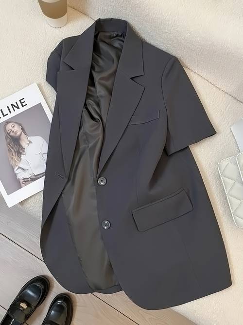 plus size plus size short sleeve elegant button front fashionable short sleeves versatile polyester fiber machine washable ideal for professional and social events chic jacket single breasted jacket