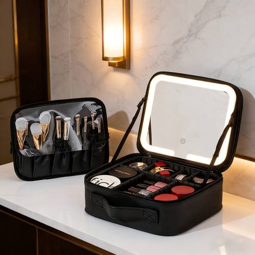 portable travel makeup bag with led touch mirror shockproof eva cosmetic organizer multi compartment toiletry storage bag perfect birthday holiday gift for mom daily use and must have