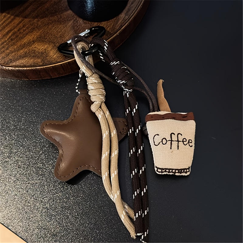 Image of Retro Style Coffee Cup Star Ornaments Woven Rope Keychain Bag Pendant, A Unique Commuter Gift For