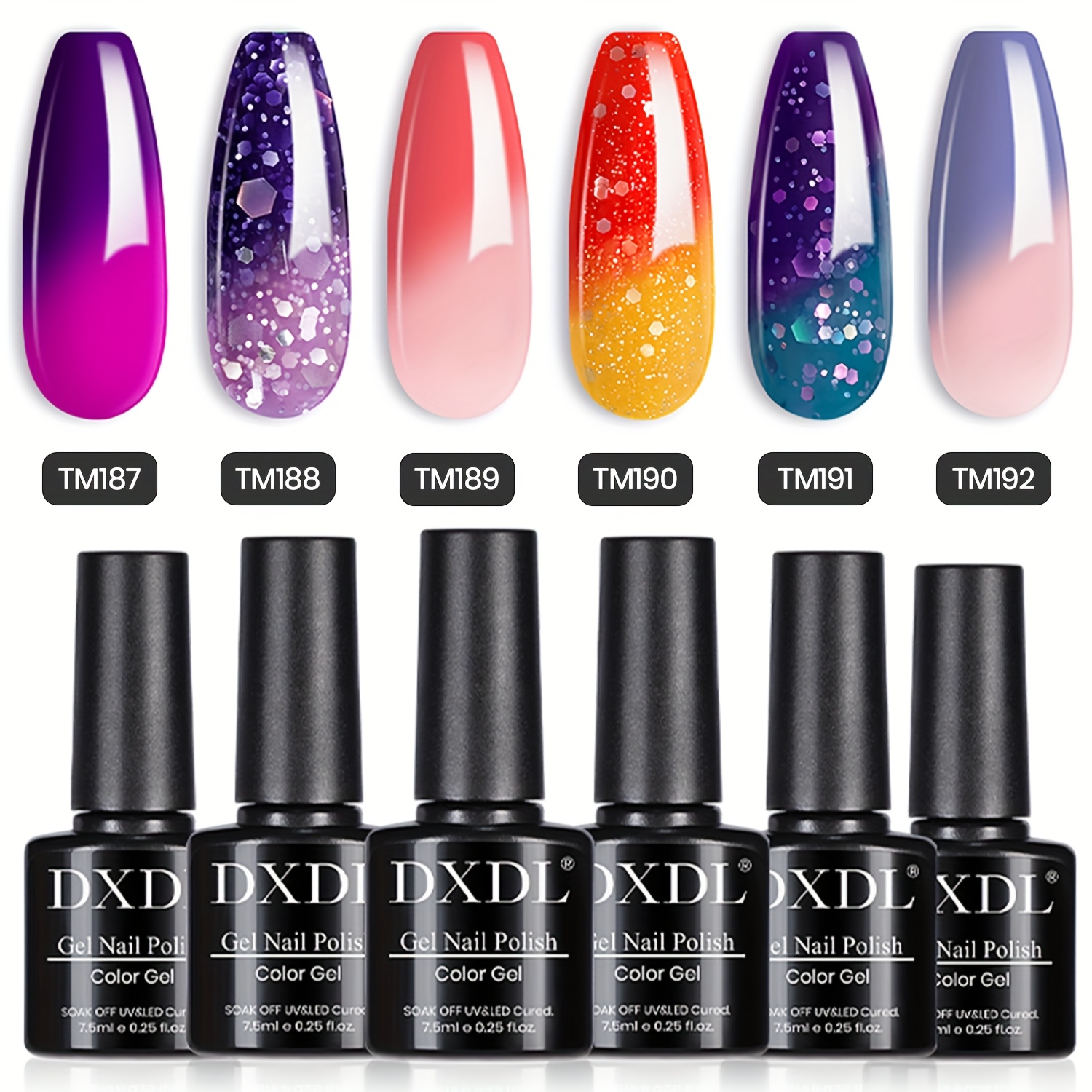 TEMU Dxdl 6pcs 7.5ml Color Changing Gel Nail Polish Set, Red Orange Blue Temperature Changing Colors Gel Polish Soak Off Silvery Glitter Mood Changing Gel Polish For Nail Art At Home
