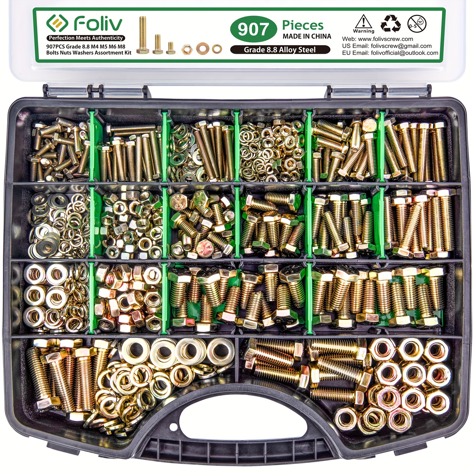 

907pcs Metric Bolt Assortment, M4 M5 M6 M8 Heavy Duty Bolts And Nuts Kit, Yellow Zinc Plated, Length From 12-30mm