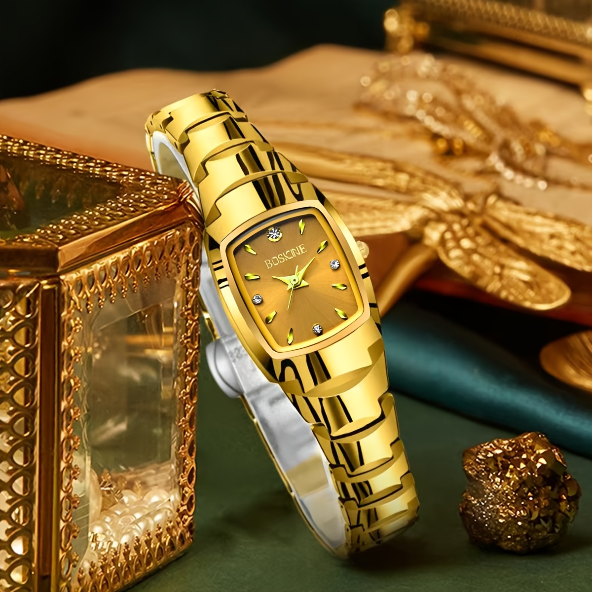 2025 new womens   alloy golden automatic barrel quartz square watch elegant luminous dial stainless   button battery luxury accessory luxury watch sophisticated style durable watch details 3