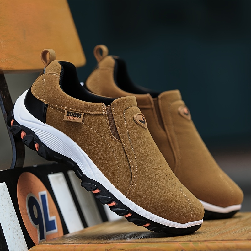 mens stylish slip on sneakers brown upper   sole comfortable fabric lining casual low   for casual attire hiking outdoor activities   shoes sleek   cushioned eva sole Product details 1