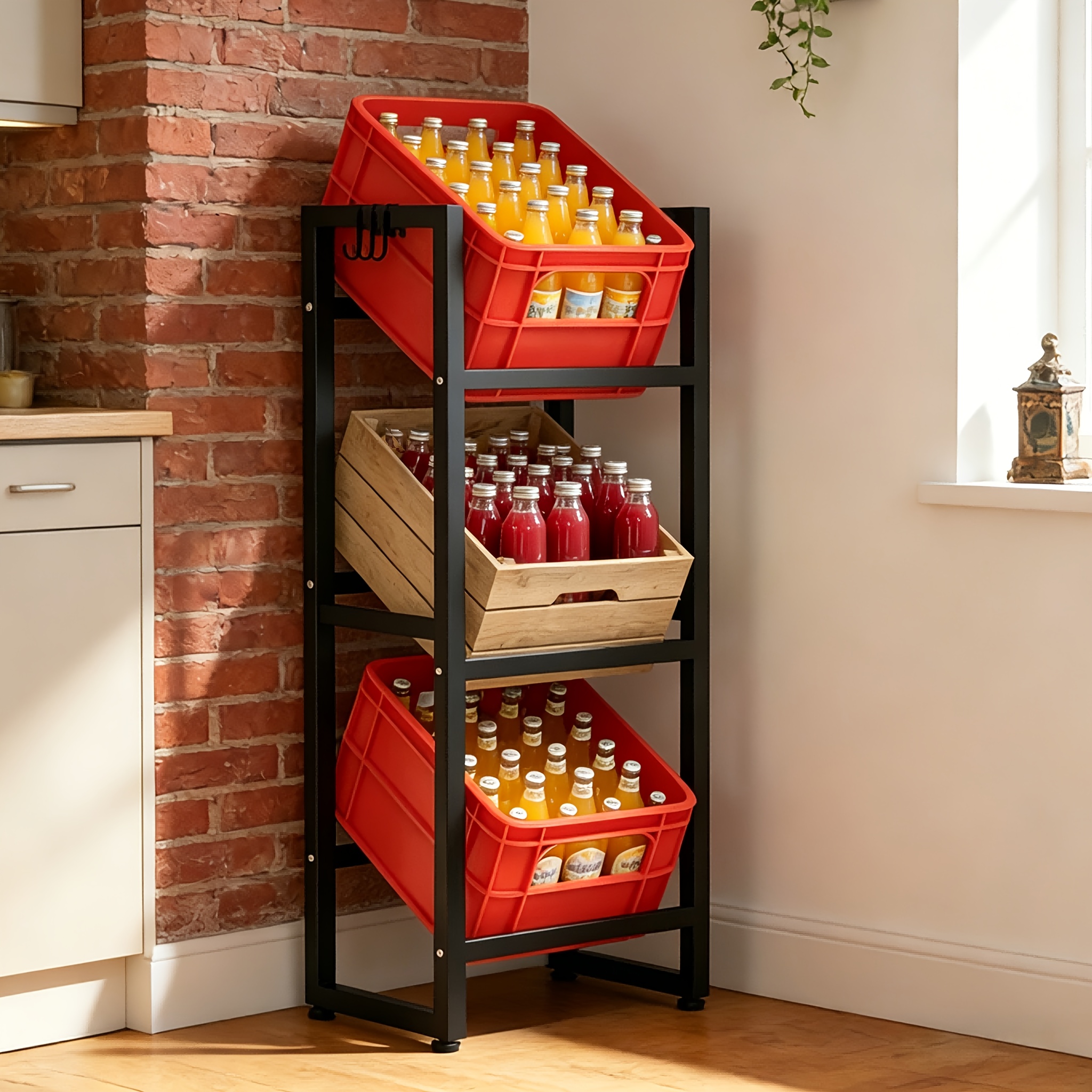 Drinks Crate Rack, 3 Crates High, Sturdy Crate Shelf, Metal Load, Space- Drinks Shelf, Shelf, Stand Drink Crates, 3 Layer Large Capacity Box Shelf With Hooks, 43 × 31 × 109cm, Black, Utility Racks