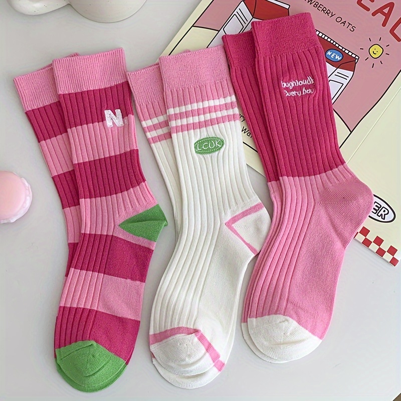 

3 Pairs & Striped Socks, Korean Style Sweet All- Mid Tube Socks For Fall & Winter, Women's Stockings & Hosiery