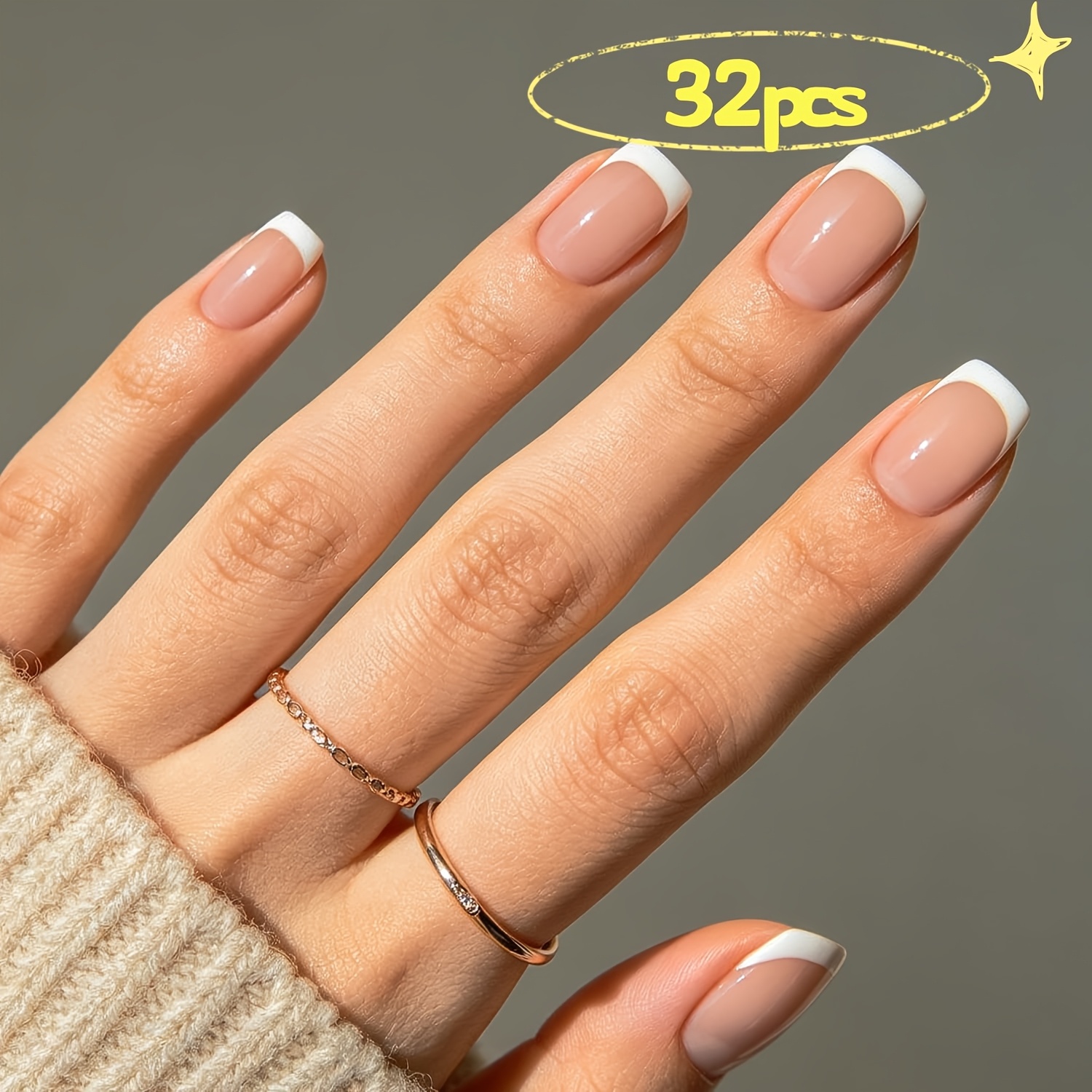 TEMU Unghie finte a pressione, stile francese estivo rosa e , corte e quadrate, set riutilizzabile con colla per unghie, mini lima per unghie, 32