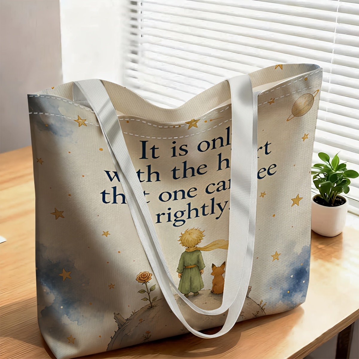 TEMU 1pc Women's Shoulder Bag & Clutch - Little Prince Themed Tote With Iconic Book, Reusable Hemp Handbag Suitable For Travel, Gifts, Daily Use,