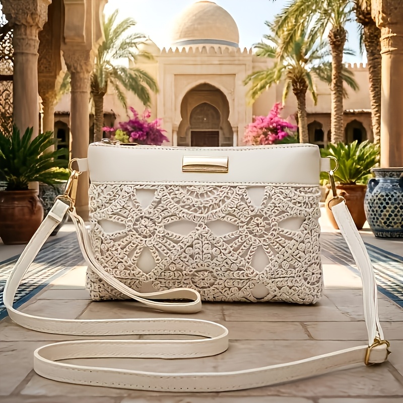 TEMU [women's Crossbody Bag] Beige Lace Hollow Crossbody Bag, Women's Woven Shoulder Bag, Summer Casual Zipper Small Bag - New Solid Color Woven