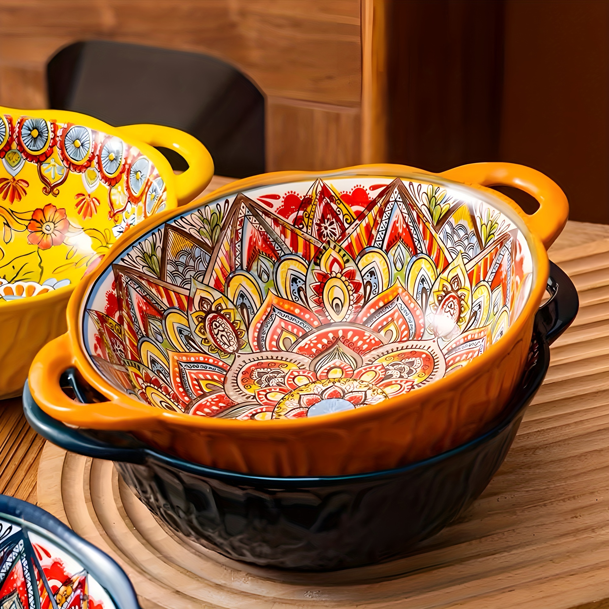 

1pc, Bohemian Dual-handled Ceramic Bowls, Decorative Tableware, Dishwasher Safe, Microwave Safe, Vibrant Mandala Design, For Serving And Home Decor