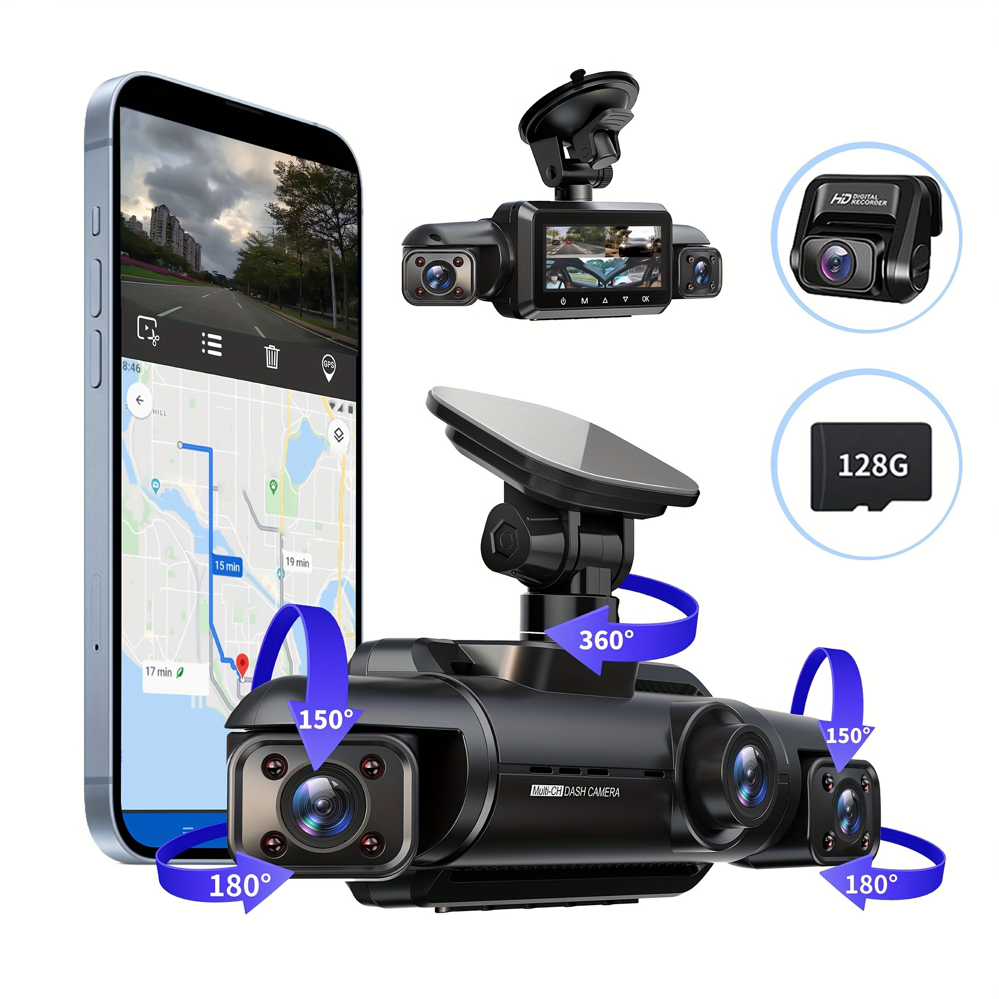 

360° Dash Cam 4 Channels F-hd 4 * 1080p, Wi-fi Gps Car Camera, Free 128gb Sd Card, Night Vision, Without Battery