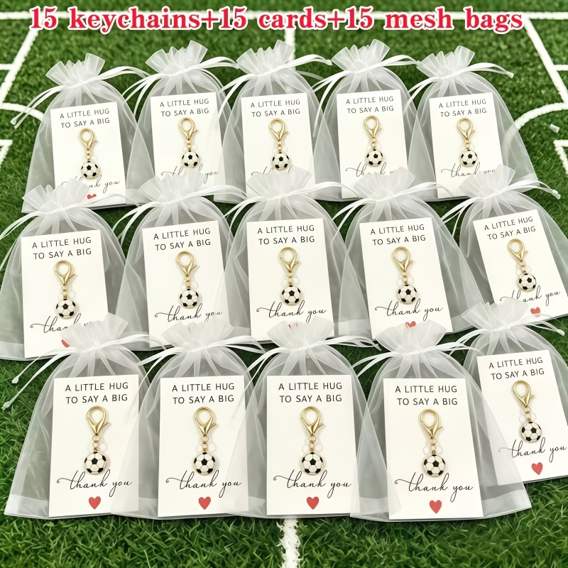 TEMU 45pcs Soccer Keychain Set, Includes 15 Keychains/15 Thank You Cards/15 Organza Bags, Soccer Pendant Lobster Clasp Keychains, Suitable For Team