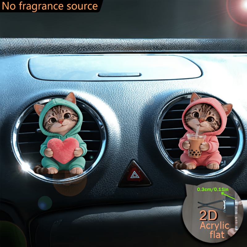 TEMU 2D Piatto, 2 pezzi Vivace Felpa con Cuore e T癡 al Latte Motivo Gatto a Tabbie 2D Piatto Acrilico Decorativo Clip Profumatore per Auto, " Non ",